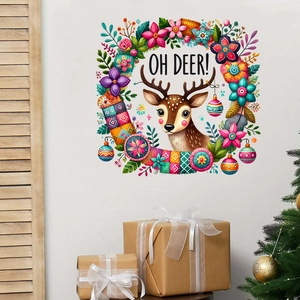 Detail of Christmas deer wreath wall sticker with Oh Deer text and festive ornaments