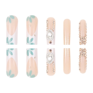 24 Stück nuderoséfarbene Coffin-Nägel zum Aufdrücken mit Blumen, Strass und Glitzer-Design
