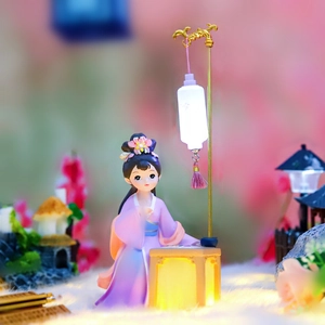 Detail of ancient style lady night light with glowing lantern and pink resin figurine