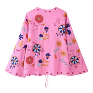 Pink boho cotton linen jacket with floral embroidery, long sleeves, and drawstring hem
