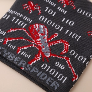 Cyberpunk knit beanie featuring red spider pattern and Cyberspider text in dark grey