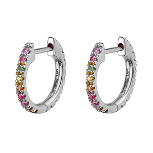 Macro view of 14K gold rainbow gemstone hoop earrings with engraved inner band detail