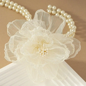 Elegant layered cream organza flower necklace with pearl bead chain for women