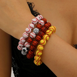 Detail of adjustable braided sports bracelets featuring baseball, basketball and soccer beads
