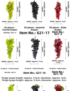 Detailed size comparison of artificial grape bunches in green, black, and red colors