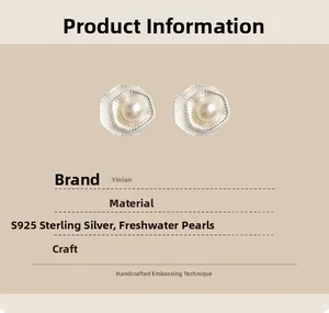 Detailed view of S925 sterling silver lotus earrings with white freshwater pearls