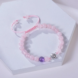 Bracelet en cristal rose avec perle violette et pierre de projection I Love You ronde