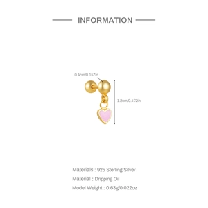 Detailed size specifications for a gold S925 silver star moon earring with pink heart