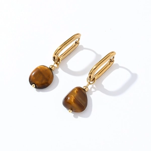 Elegant natural tiger eye stone earrings with minimalist gold-plated oval hoops for women