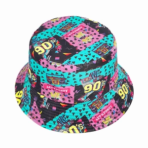 Reversible 90s retro pattern bucket hat with colorful neon geometric graphics for outdoor use