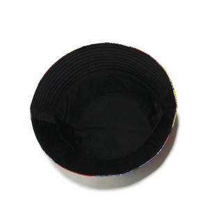 Interior view of pop art printed bucket hat with black lining and stitching detail