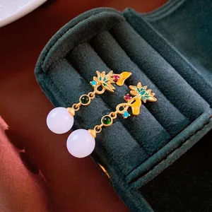 Classic lotus earrings with green agate and white jade beads in vintage gold style
