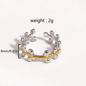 Detailed view showing 8mm height and 2g weight of the bicolor leaf branch open ring