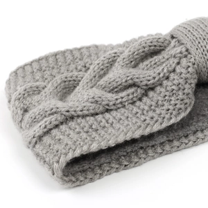 Detail view of the gray cable knit headband showing the thick fleece lining and warm texture