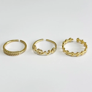 Three-piece set of golden 925 silver open rings with LOVE and leaf patterns