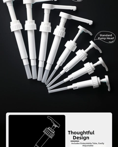 White plastic syrup pump heads with adjustable extension tubes for glass bottles