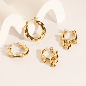Gold Plated Stainless Steel Hoop Earrings Liquid Lava Metal Design With Artificial Pearl Accents Fashion Jewelry For Women
