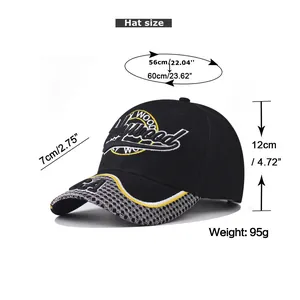 Detailed size chart for Hollywood baseball cap showing height and brim measurements