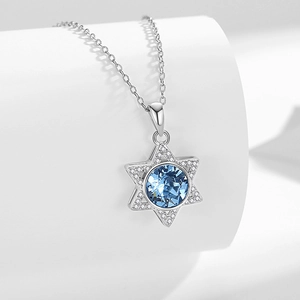 S925 sterling silver star necklace with round blue crystal pendant and pavé details