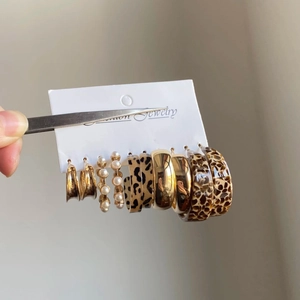6-pair set of gold hoop earrings with acrylic pearls and leopard print resin drops