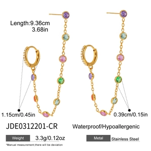 Detail showing dimensions and colorful zircon stones of the gold tassel chain earrings