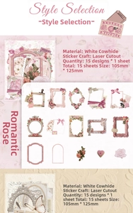 Adesivi intagliati al laser con motivi vintage di rose e fiocchi su carta kraft bianca