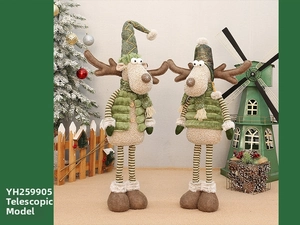 Detail of extendable Christmas elk plush dolls in green outfits with adjustable legs