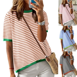 Women Striped Short Sleeve Knitted Sweater Contrast Trim Round Neck Casual Pullover Knitwear Summer Fashion Top
