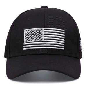 Black cotton baseball cap with monochrome American flag embroidery on front and side