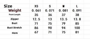 Tableau des tailles pour caraco court sexy pour femmes avec mesures de XS à L
