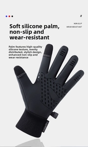 Detail of winter cycling glove showing non-slip silicone palm pattern and buckle