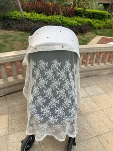 Detail of baby stroller mosquito net with delicate yellow flower embroidery on white mesh