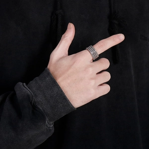 Detailed view of men's silver stainless steel ring with four-row curb chain texture