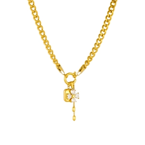 Golden Cuban chain necklace with lucky four-leaf clover and square tassel pendant