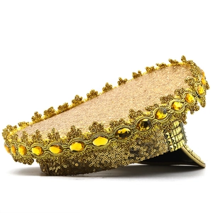 Golden sequin captain hat with faceted gemstones for weddings and stage performance
