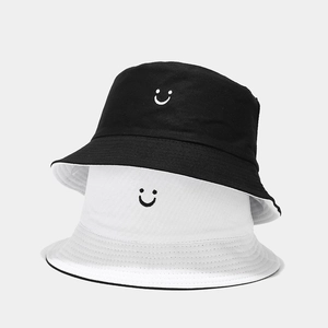 Reversible Bucket Hat Cotton Canvas Smiley Face Embroidery Sun Protection Casual Streetwear For Women Men
