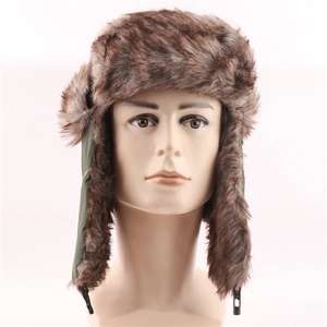 Detailed front view of green winter trapper hat with brown faux fur lining on head model