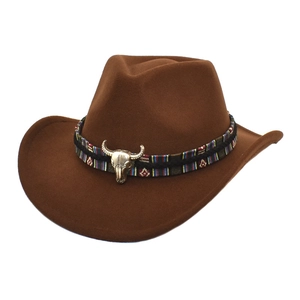 Sombrero de Vaquero del Oeste Vintage para Hombre Mujer Ala Ancha Fedora de Fieltro Con Cabeza de Toro Banda Étnica