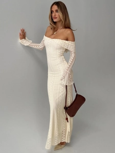 Women Off Shoulder Lace Maxi Dress Long Flare Sleeve Retro Sexy Sheer Solid Color Elegant Evening Party White