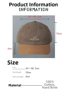 Size chart showing 100% cotton baseball cap dimensions and peaceful embroidery