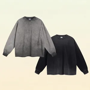 Mens Long Sleeve T-Shirt Acid Washed Distressed Vintage Streetwear Loose Fit Cotton Crew Neck Plain Top