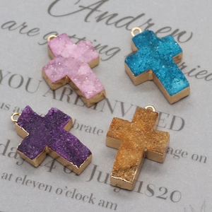Handmade gold plated druzy stone cross pendants in pink blue purple and yellow colors