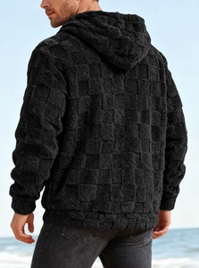 Rear view of men's heavy black sherpa fleece hoodie with premium textured wool detail
