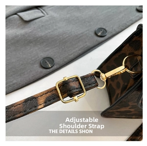 Detail of adjustable leopard print bag strap with high-quality golden metal buckle
