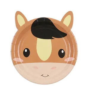 Close-up of a brown cartoon horse shaped disposable paper plate for kids farm parties
