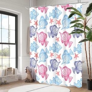 Detail of waterproof polyester shower curtain with cute red and blue hand-drawn fish patterns
