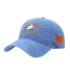 Sky blue washed cotton baseball cap with 250th anniversary embroidery and American flag patch