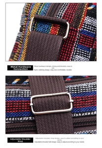 Close-up of adjustable nylon shoulder strap with silver metal buckle on canvas bag