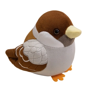 Cute realistic sparrow plush toy with soft brown and white feathers on white background