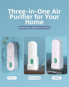 Three-way smart aroma diffuser showing wall-mount, charging base, and tabletop modes